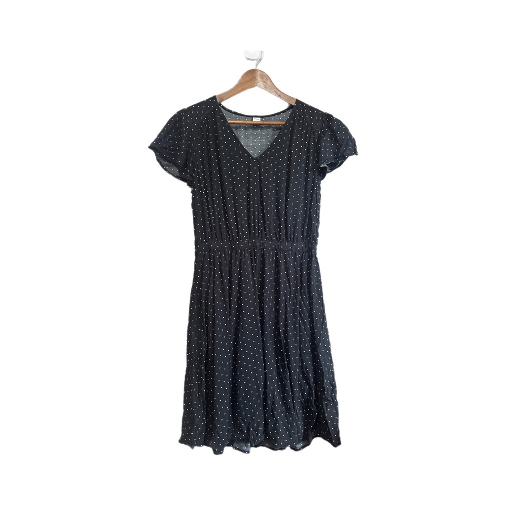 Old Navy Polka Dot Dress Women Medium Black Excellent Flutter Sleeve V-Neck